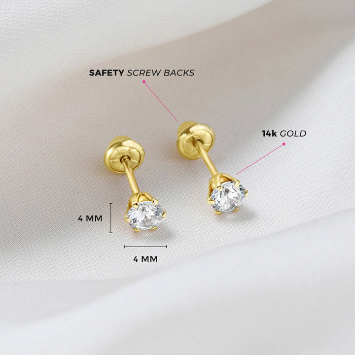 aretes clásicos con circonita cúbica 6 garras para niñas pequeñas oro amarillo 14k