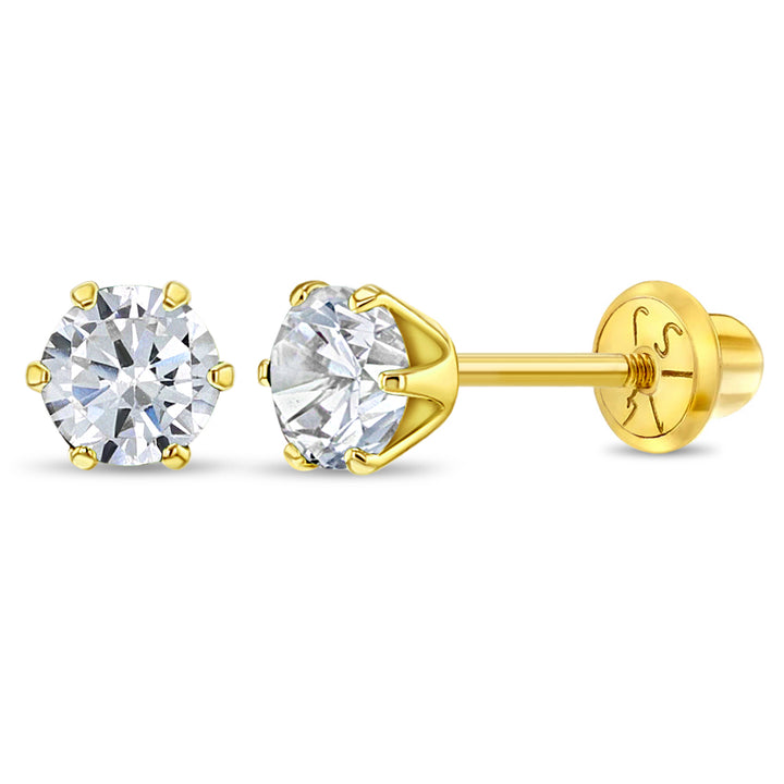 aretes clásicos con circonita cúbica 6 garras para niñas pequeñas oro amarillo 14k