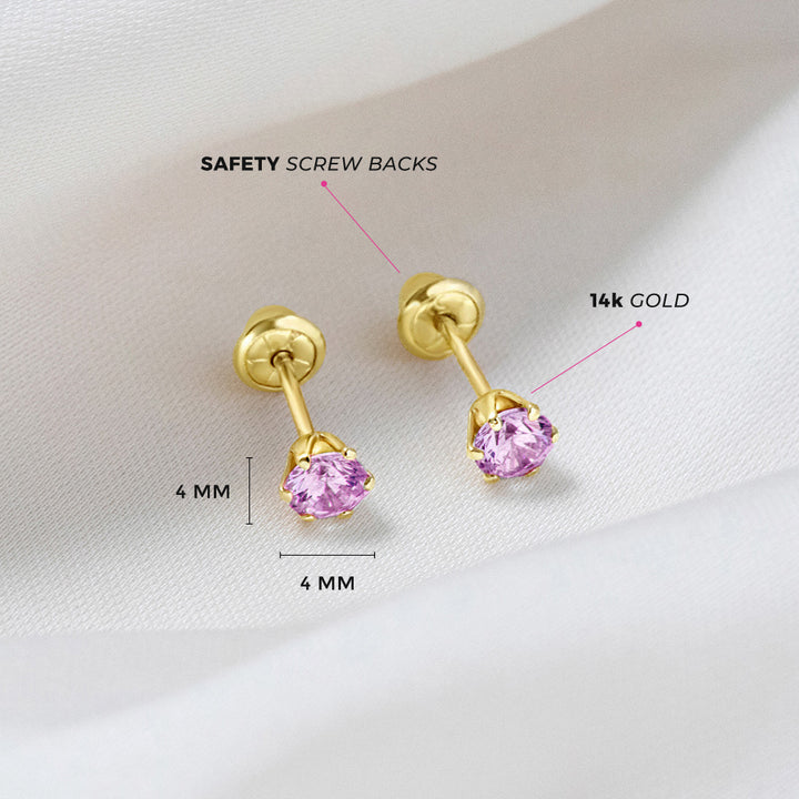 aretes clásicos con circonita cúbica rosa 6 garras para niñas pequeñas oro amarillo 14k