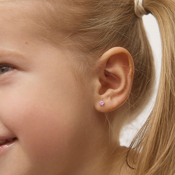 aretes clásicos con circonita cúbica rosa 6 garras para niñas pequeñas oro amarillo 14k