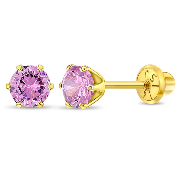 aretes clásicos con circonita cúbica rosa 6 garras para niñas pequeñas oro amarillo 14k