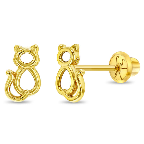 aretes en forma de gato para niñas pequeñas oro amarillo 14k