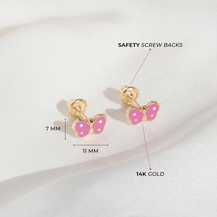 aretes mariposa small para niñas pequeñas oro amarillo 14k con esmalte rosa