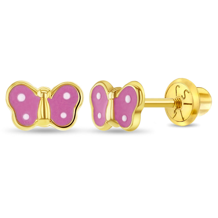 aretes mariposa small para niñas pequeñas oro amarillo 14k con esmalte rosa