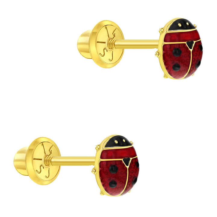 aretes mariquita para niñas pequeñas oro amarillo 14k con esmalte rojo y negro