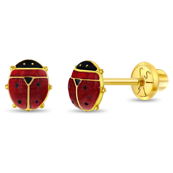 aretes mariquita para niñas pequeñas oro amarillo 14k con esmalte rojo y negro