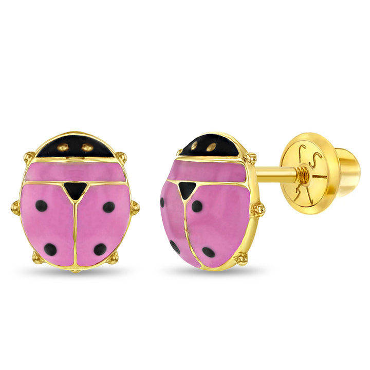 aretes mariquita para niñas pequeñas oro amarillo 14k con esmalte rosa y negro