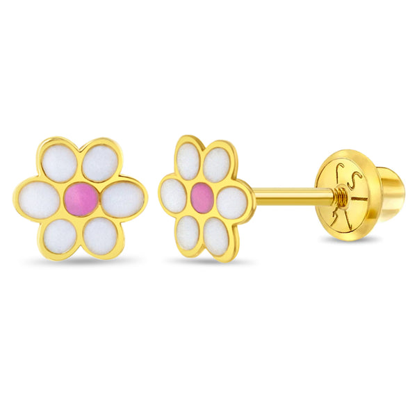 aretes flor margarita para bebes oro amarillo 14k con esmalte rosa y blanco