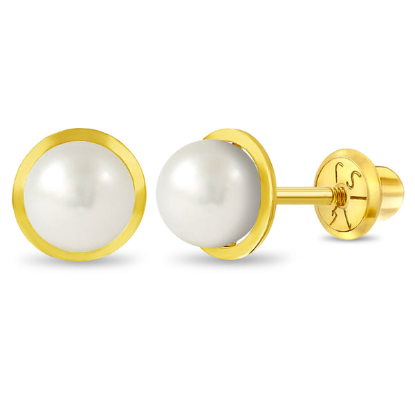 aretes bisel con perlas blancas cultivadas para niñas pequeñas oro amarillo 14k