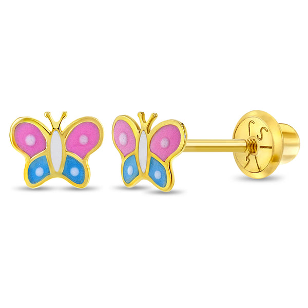 aretes mariposa para niñas pequeñas oro amarillo 14k con esmalte rosa y celeste