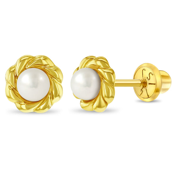 aretes bisel trenzado con perlas cultivadas para niñas pequeñas oro amarillo 14k