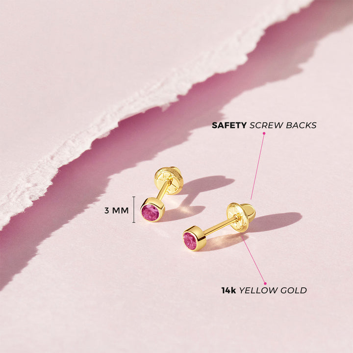 aretes punto de luz para bebé y niñas pequeñas oro amarillo 14k con circonita cúbica ruby