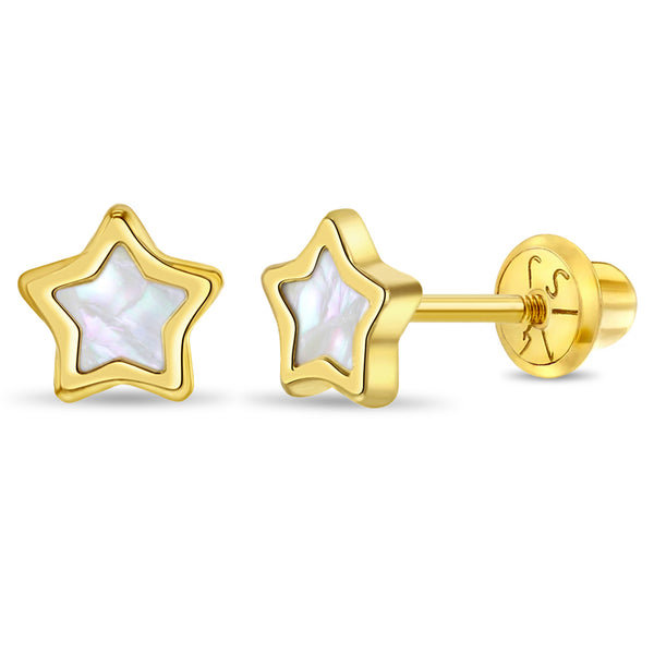 aretes en forma de estrella con madreperla para niñas pequeñas oro amarillo 14k