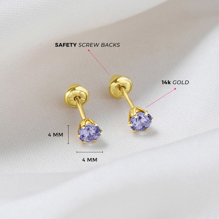 aretes clásicos con circonita cúbica lavanda 6 garras para niñas pequeñas oro amarillo 14k