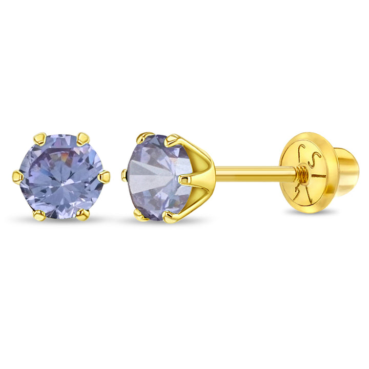 aretes clásicos con circonita cúbica lavanda 6 garras para niñas pequeñas oro amarillo 14k