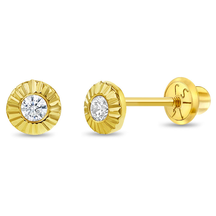 aretes girasol para bebé y niñas pequeñas oro amarillo 14k con circonita cúbica