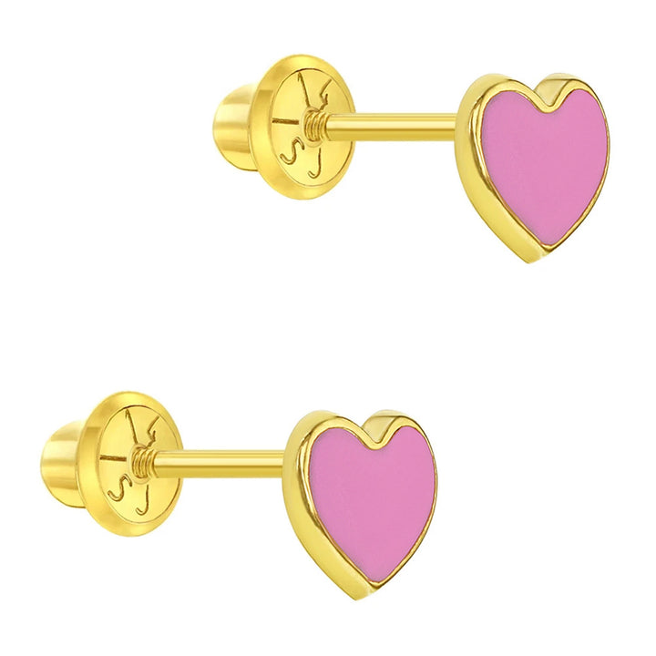 aretes corazón con esmalte rosa para niñas pequeñas oro amarillo 14k