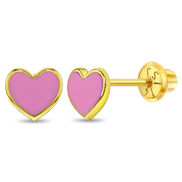 aretes corazón con esmalte rosa para niñas pequeñas oro amarillo 14k