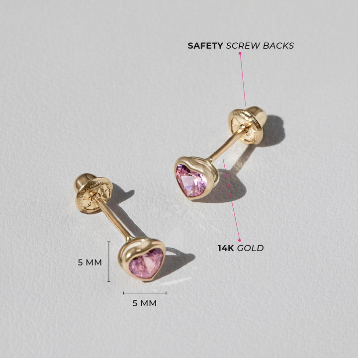 aretes bisel corazón con circonita cúbica rosa para niñas pequeñas oro amarillo 14k