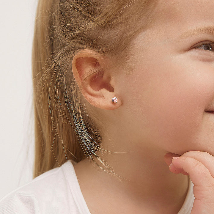 aretes bisel corazón con circonita cúbica rosa para niñas pequeñas oro amarillo 14k