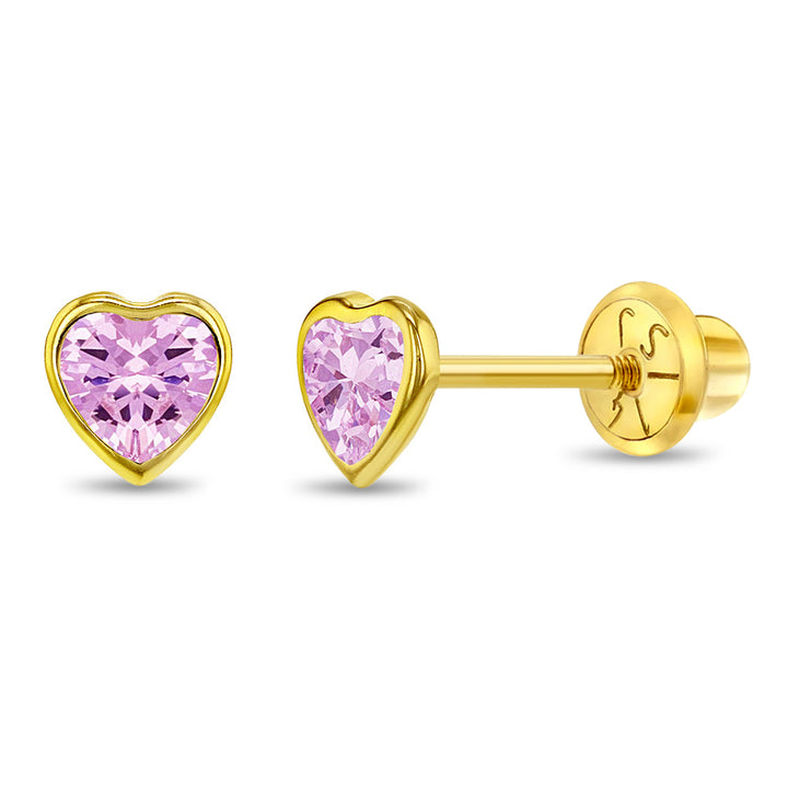 aretes bisel corazón con circonita cúbica rosa para niñas pequeñas oro amarillo 14k