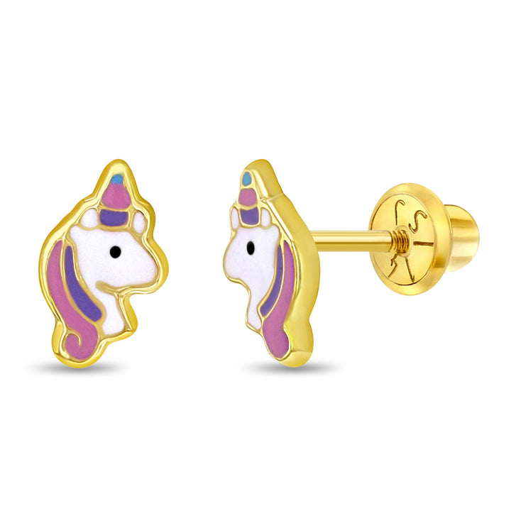 aretes unicornio pastel para niñas pequeñas oro amarillo 14k